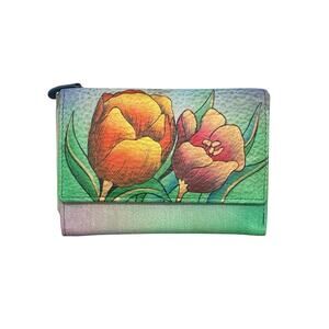 NWT! Anuschka Hand Painted Tulips Leather Small Flap Wallet